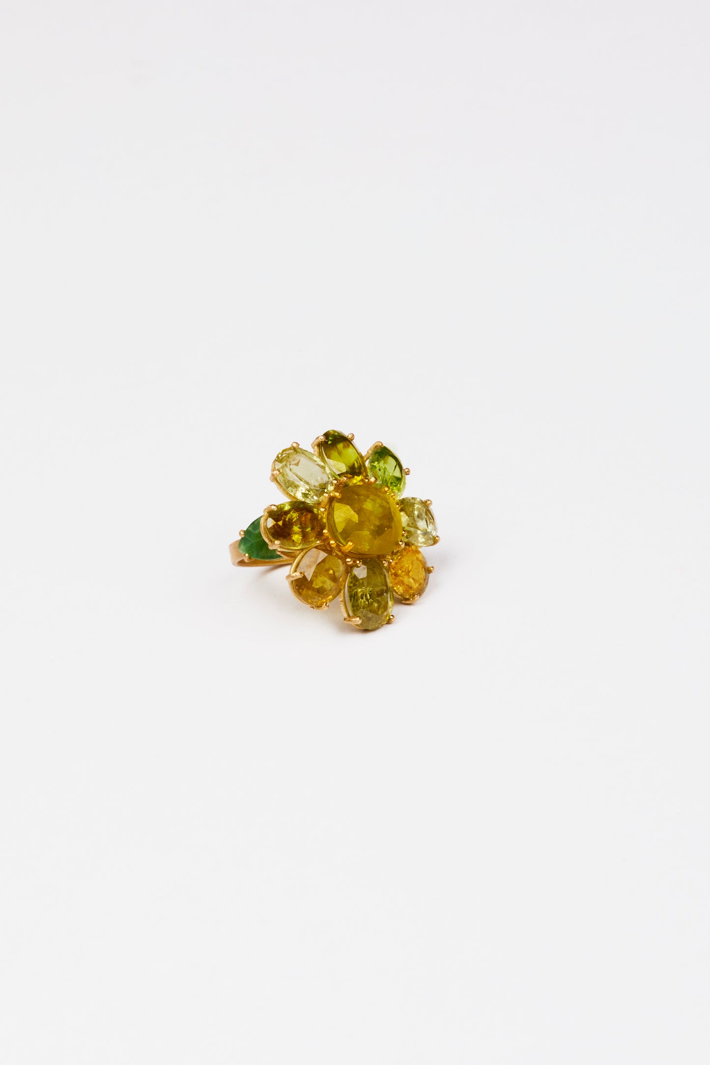 Sphene Ring with Green Tourmaline Leaf Carvings