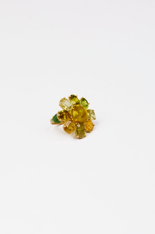Sphene Ring with Green Tourmaline Leaf Carvings
