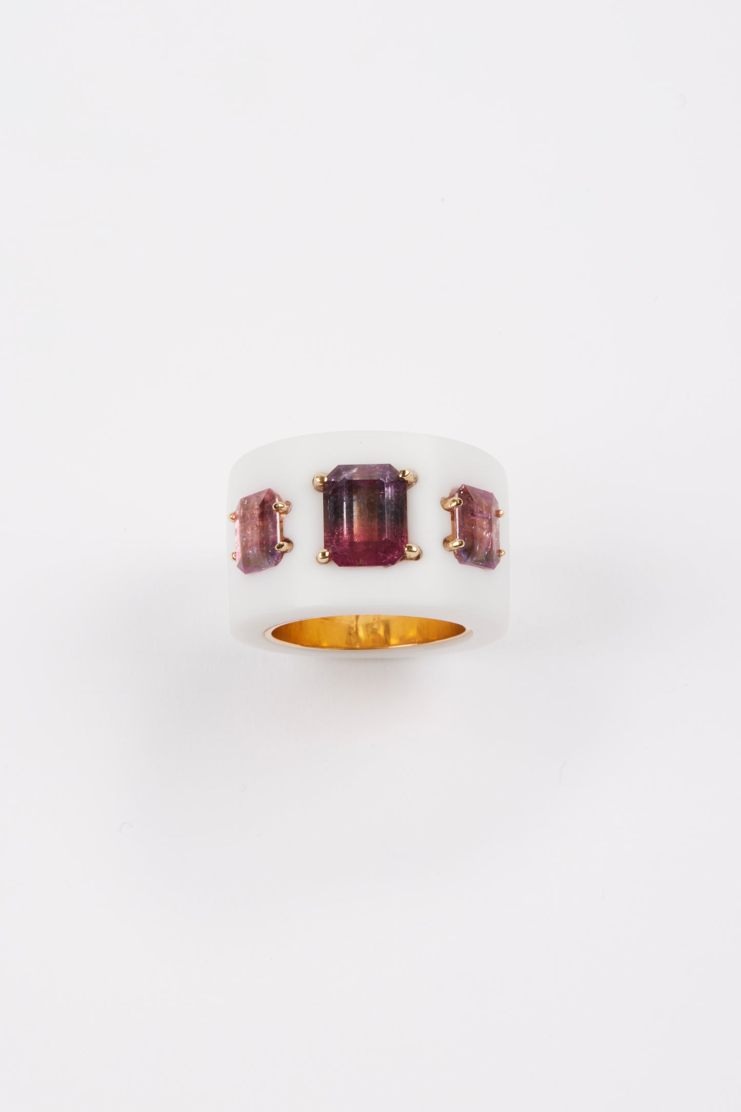 White Agate Ring with Bi Color Tourmalines