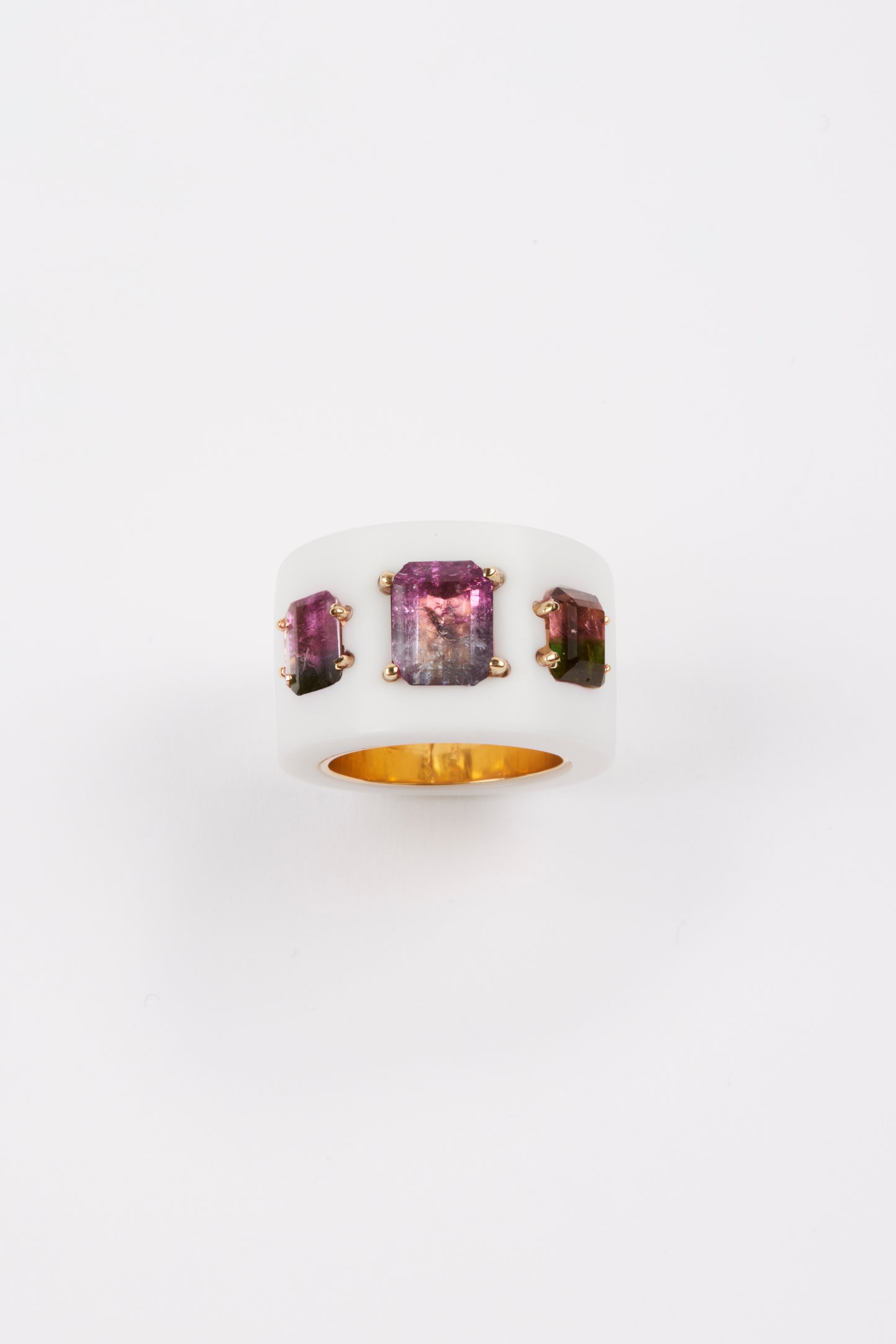 White Agate Ring with Bi Color Tourmalines