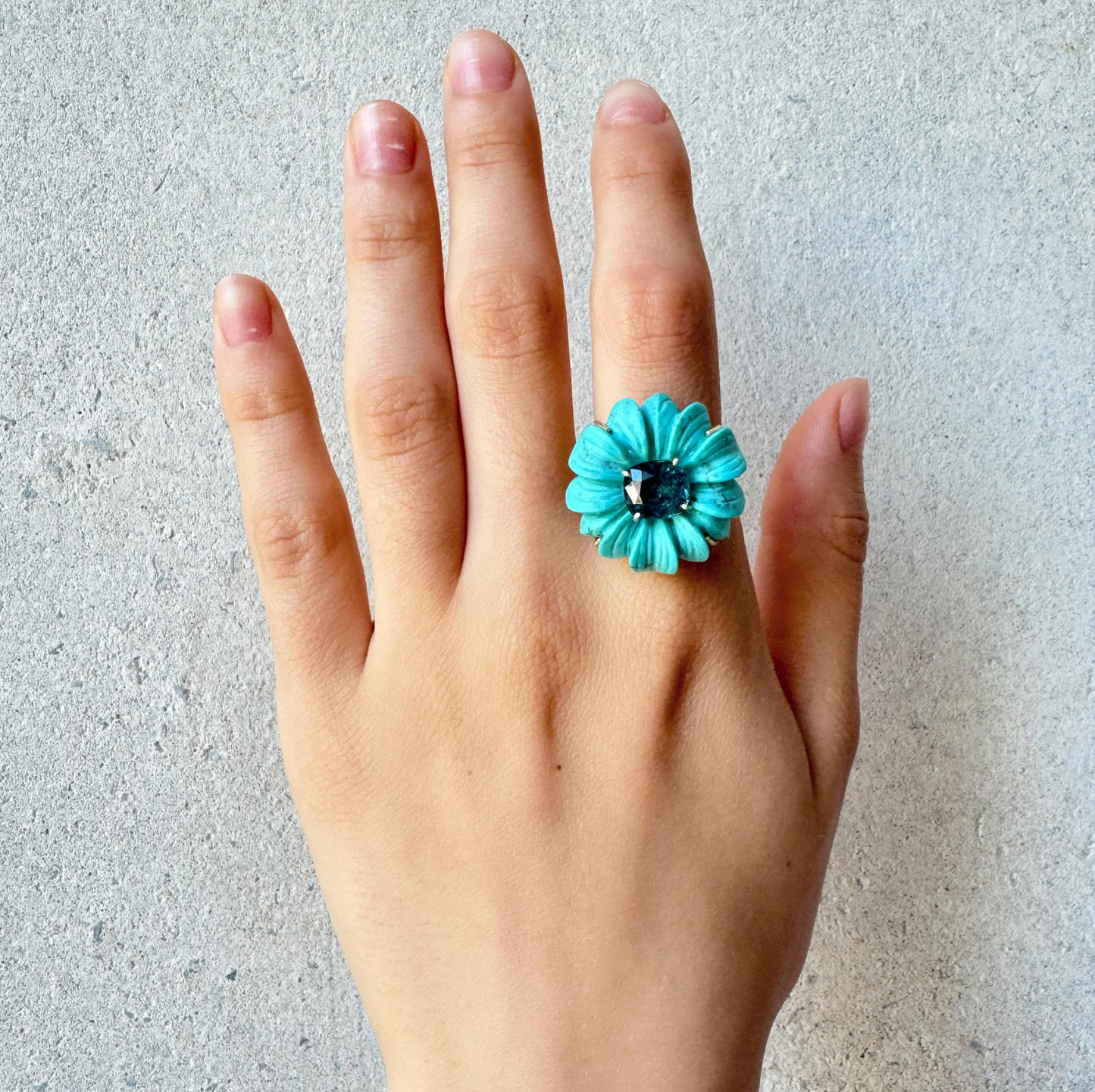 Flower Turquoise Carving with Blue Tourmaline