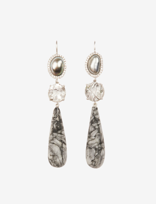 Keshi Pearl, Diamond, Rudilated Quartz Earrings