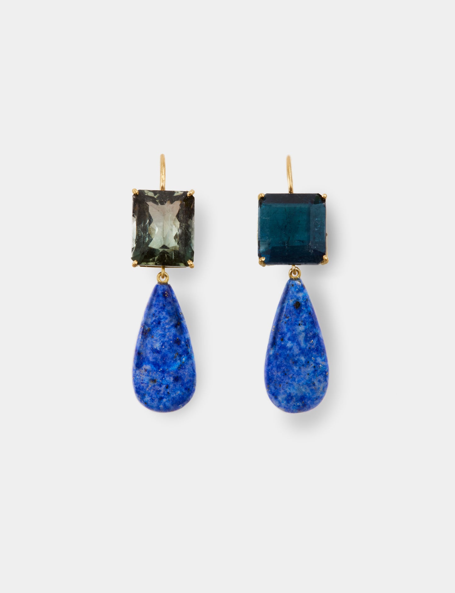 Mismatch Blue Tourmaline with Lapis Drop Earrings