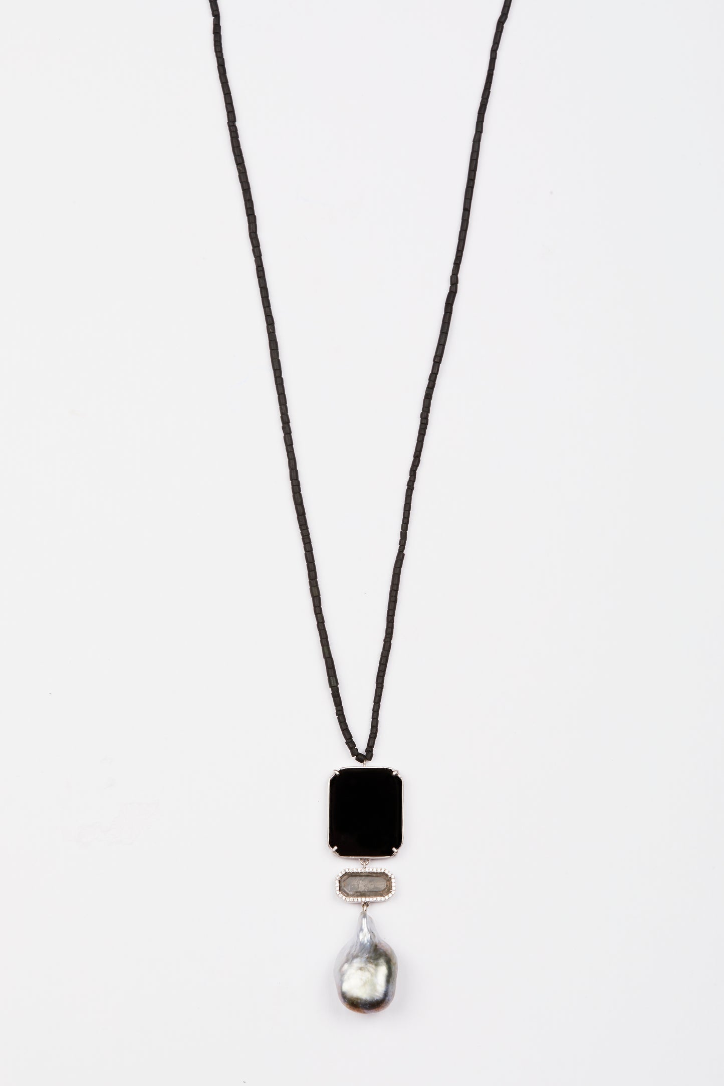 Black Jade Beads with Onyx, Diamond Pendant and Tahitian Keshi Pearls