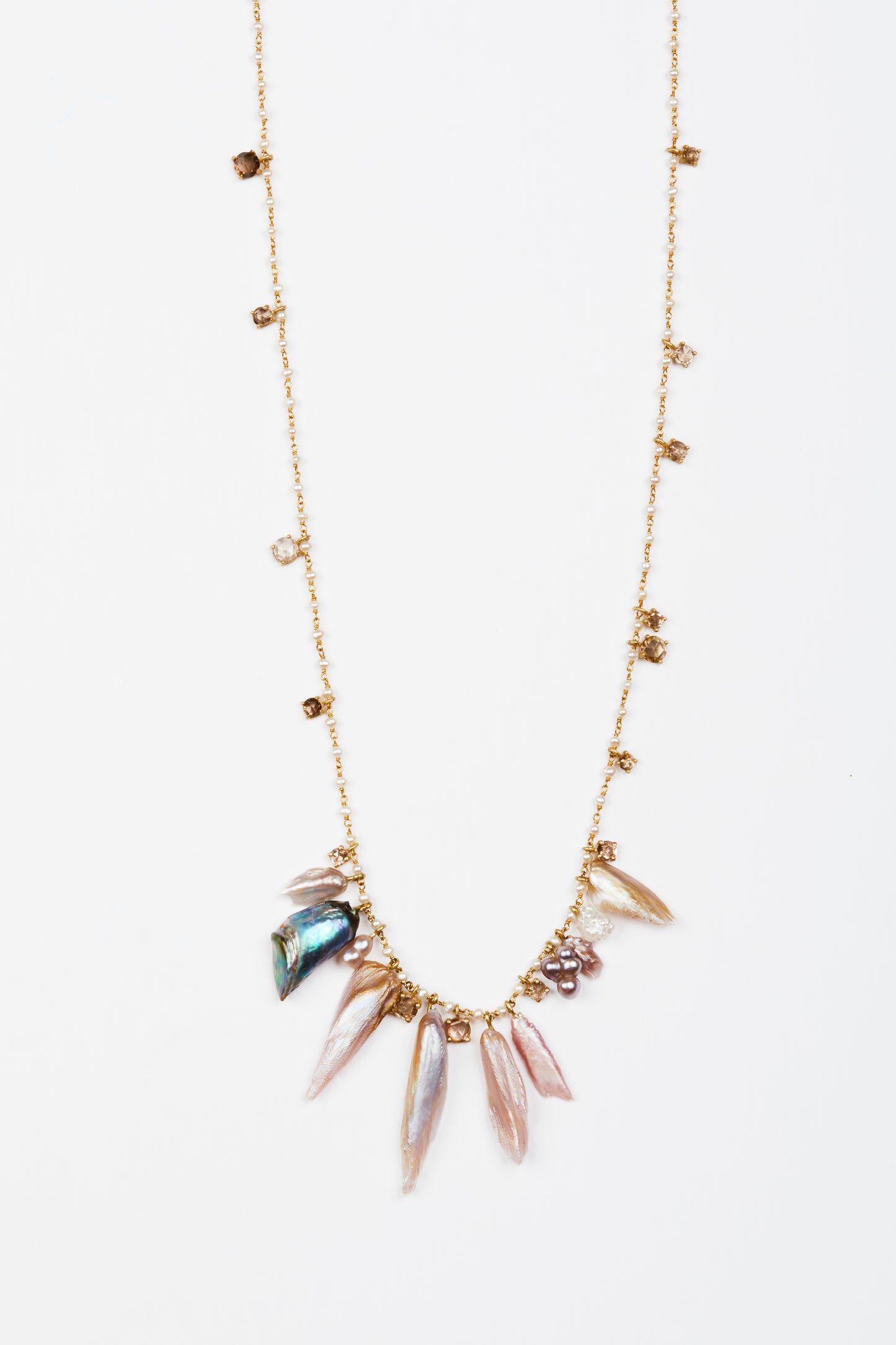Pearl Chain with Pearls from the Tennessee River, Abalone Pearl and Rose cut Champagne Diamonds