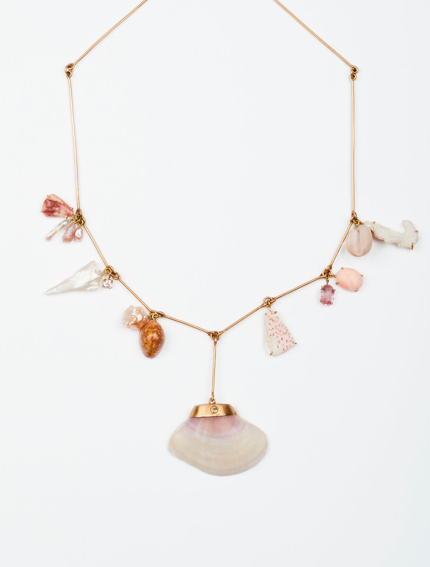 Shells, Pearls from the Tennessee River, Coral, Pink Tourmaline and Rose Cut Diamond