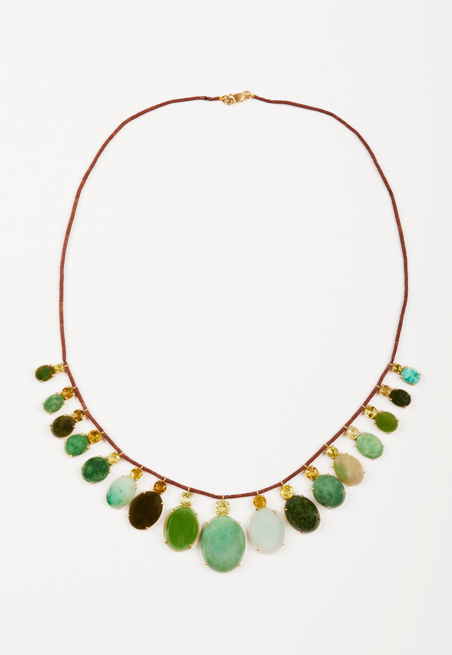 Brown Jade Beads with Sphene and Antique Jade Cabachons