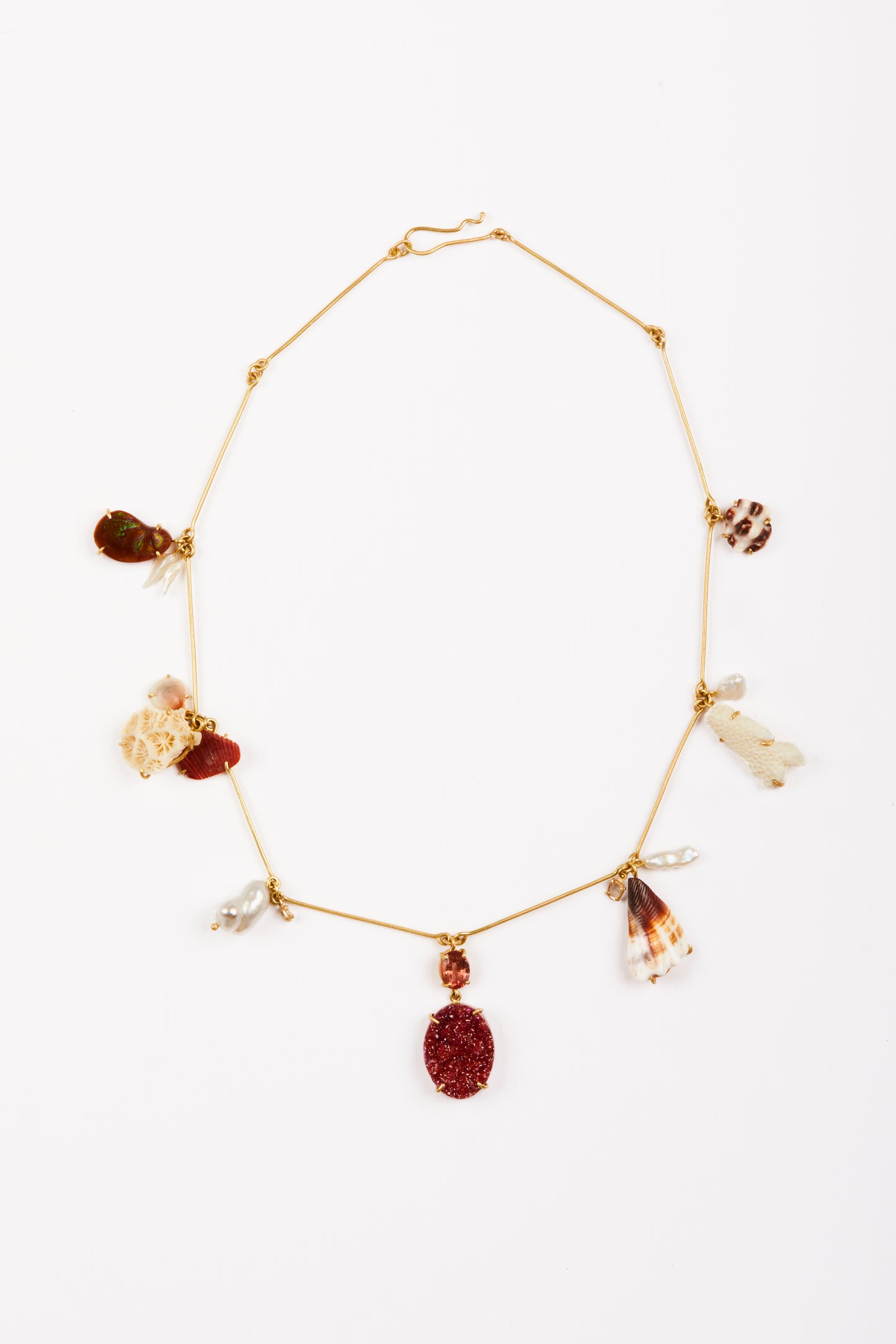 Calcite, Pearls from Tennessee River, Tahitian Pearl, Diamond, Madeira Citrine, Shells and Coral