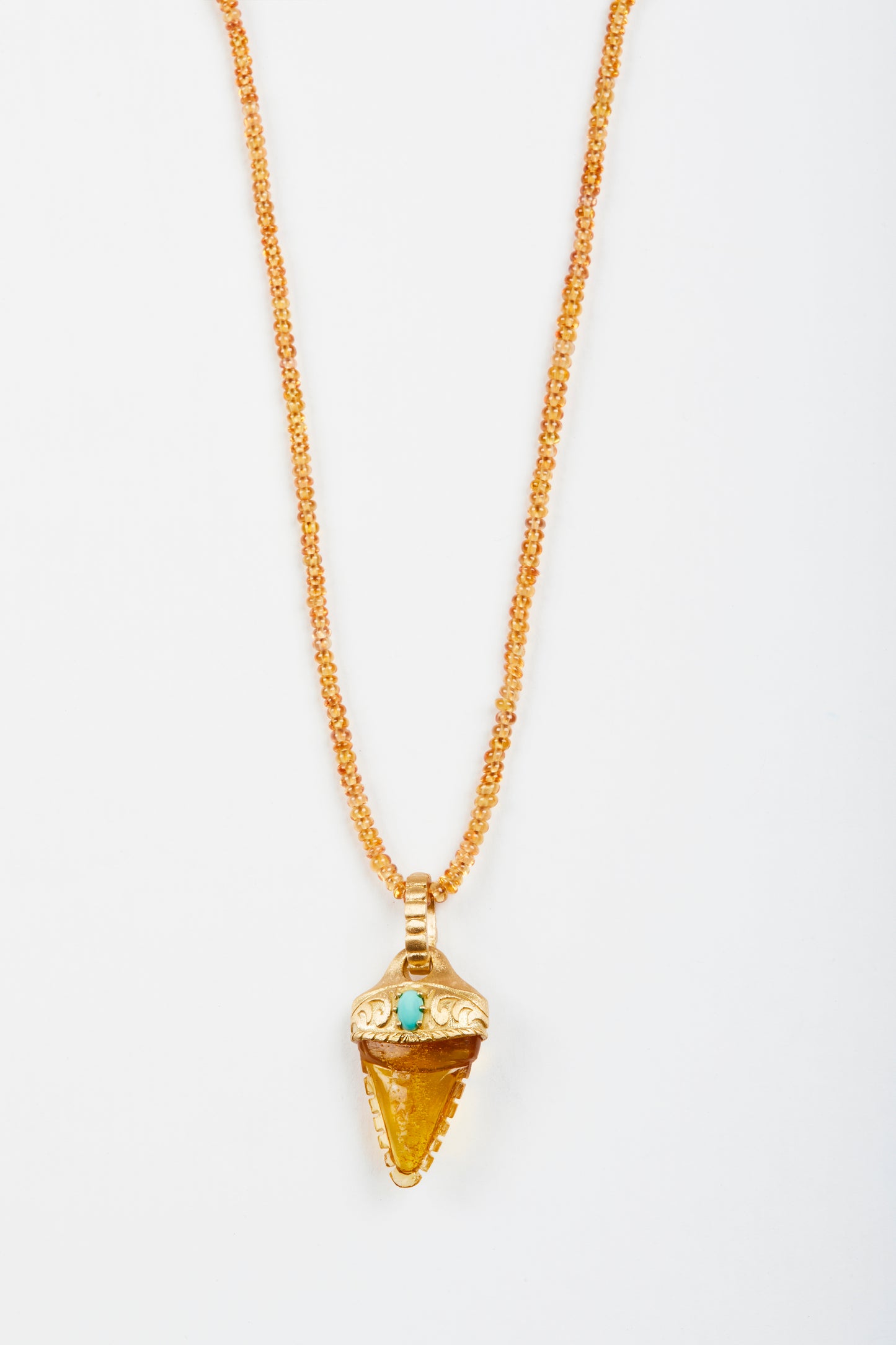 Yellow Sapphire Beads with Amber Carved Shark Tooth and Turquoise