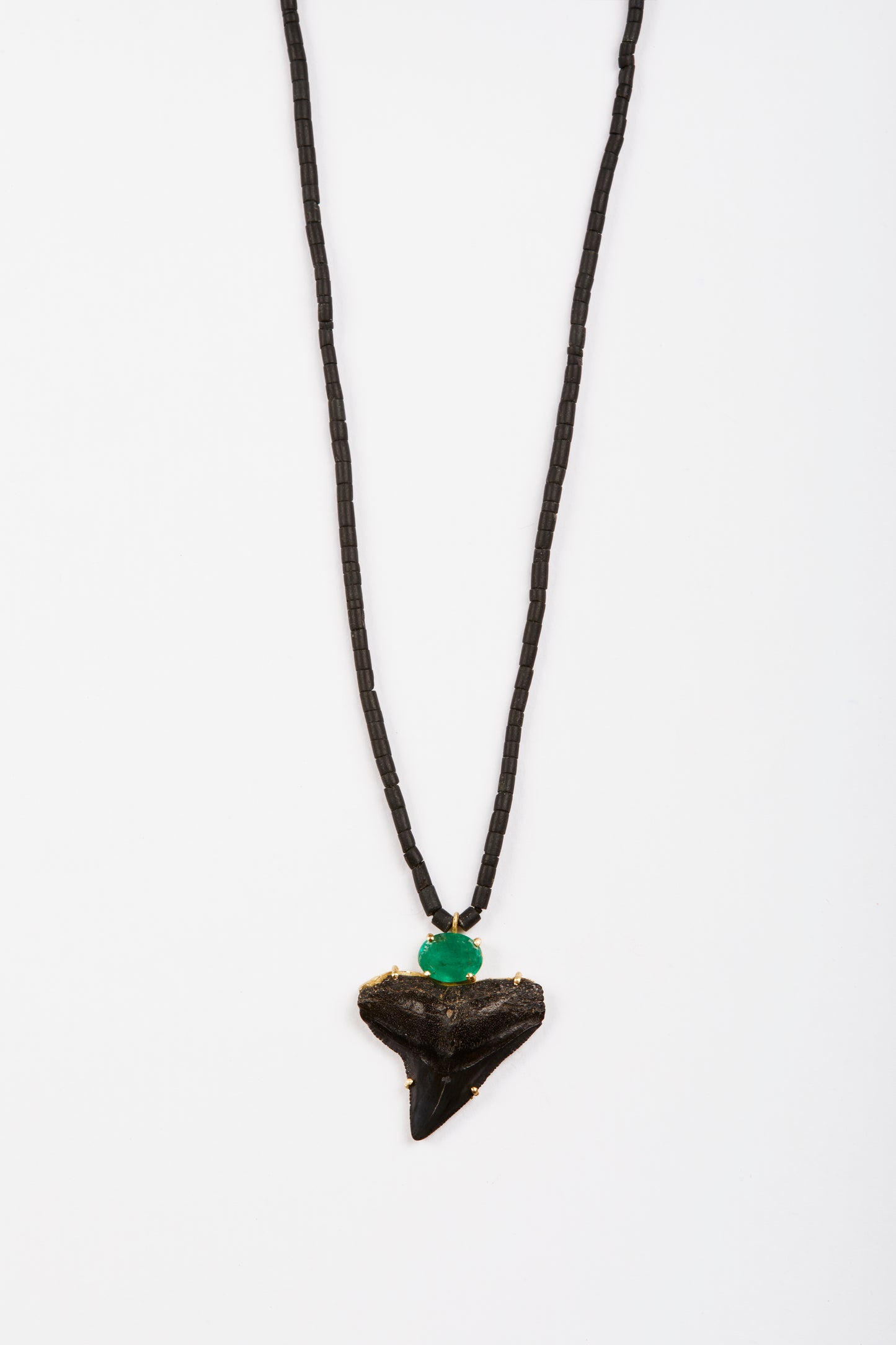 Black Jade Beads with Shark Tooth and Emerald