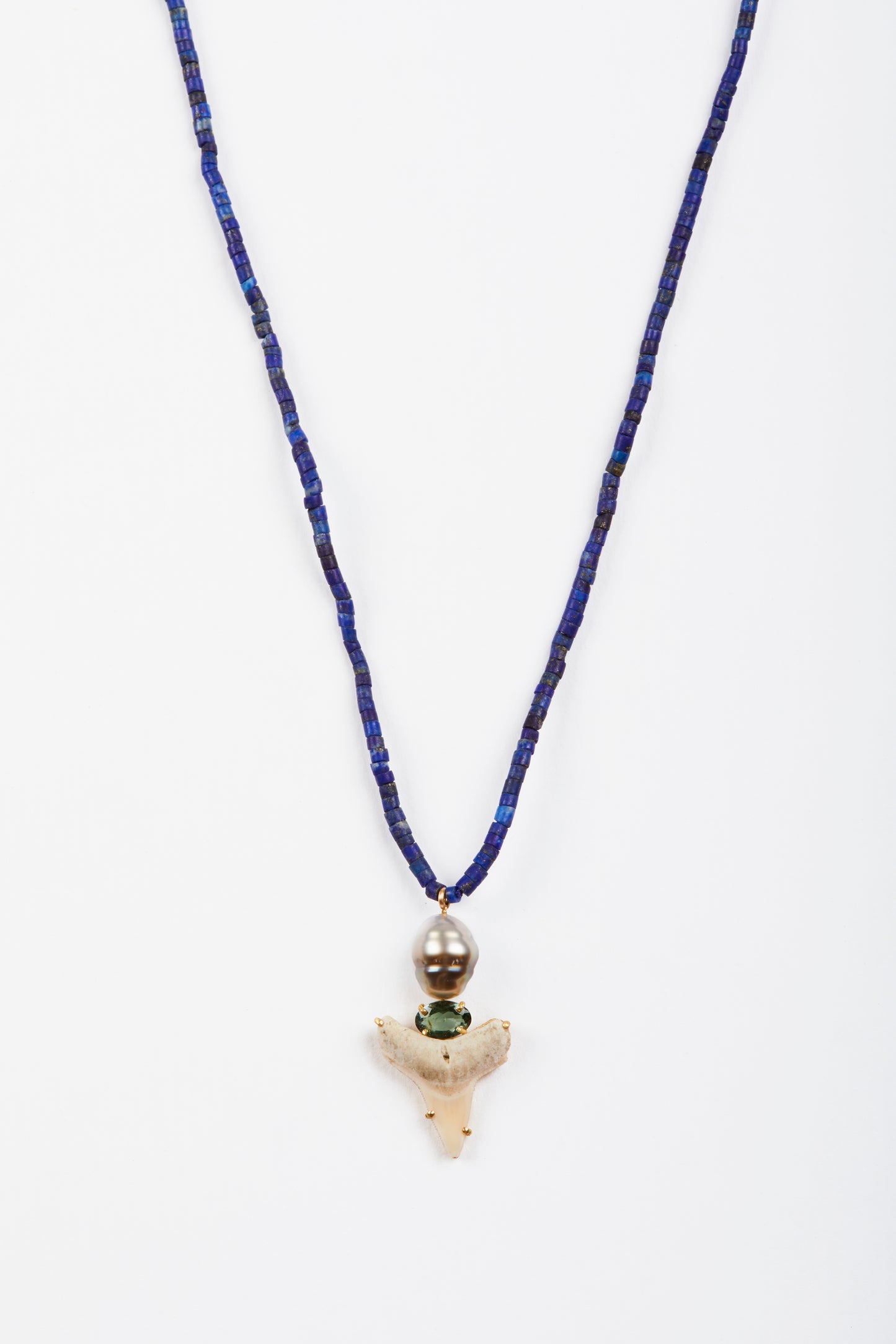 Lapis Beads with Tahitian Keshi Pearl, Tourmaline and Shark Tooth