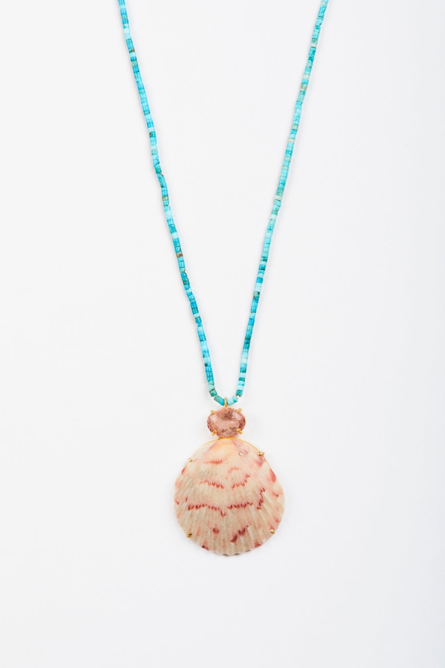 Turquoise Beads with Shell and Pink Tourmaline, Small Diamond in Shell