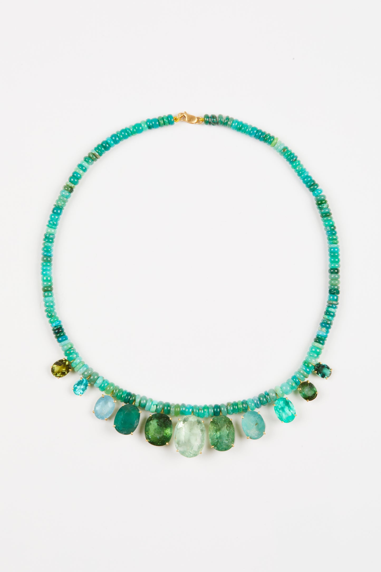 Chrysoprase Beads with Fluorite, Aquamarine, Apatite, Tourmaline and Grandiderite