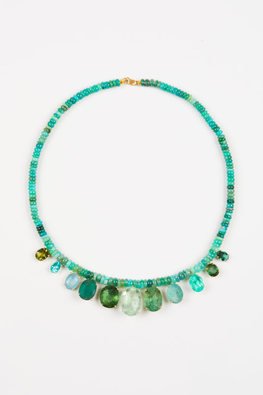 Chrysoprase Beads with Fluorite, Aquamarine, Apatite, Tourmaline and Grandiderite