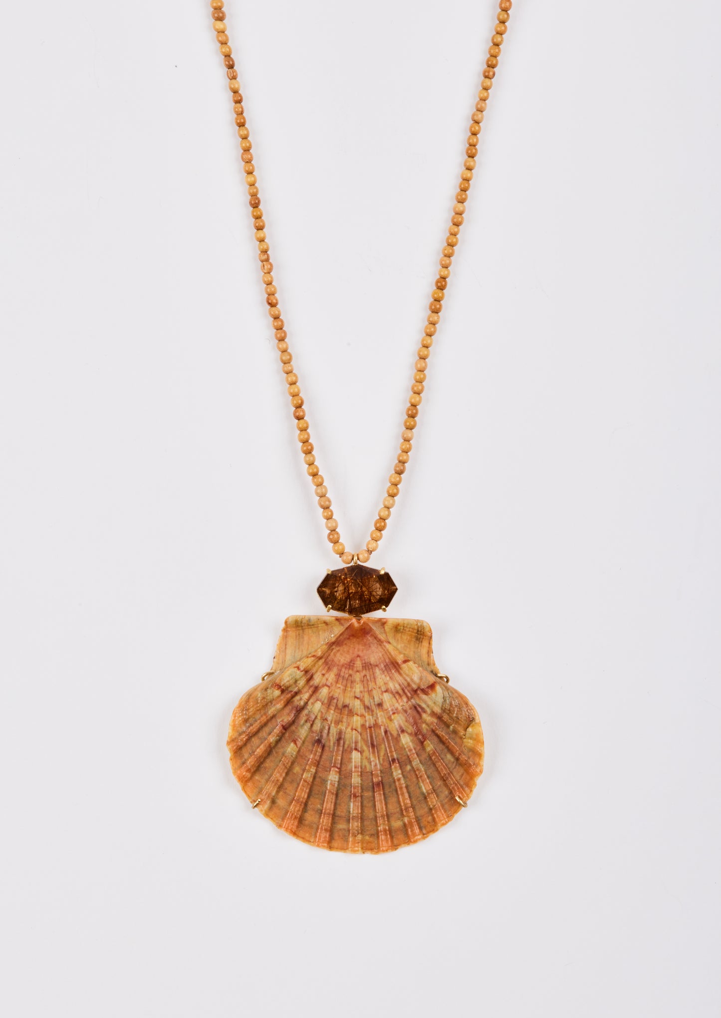 Wood Beads with Rudilated Quartz and Rare Shell Pendant