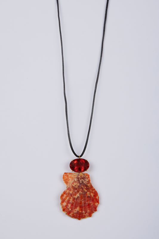 Black Leather Cord with Tourmaline and Rare Shell