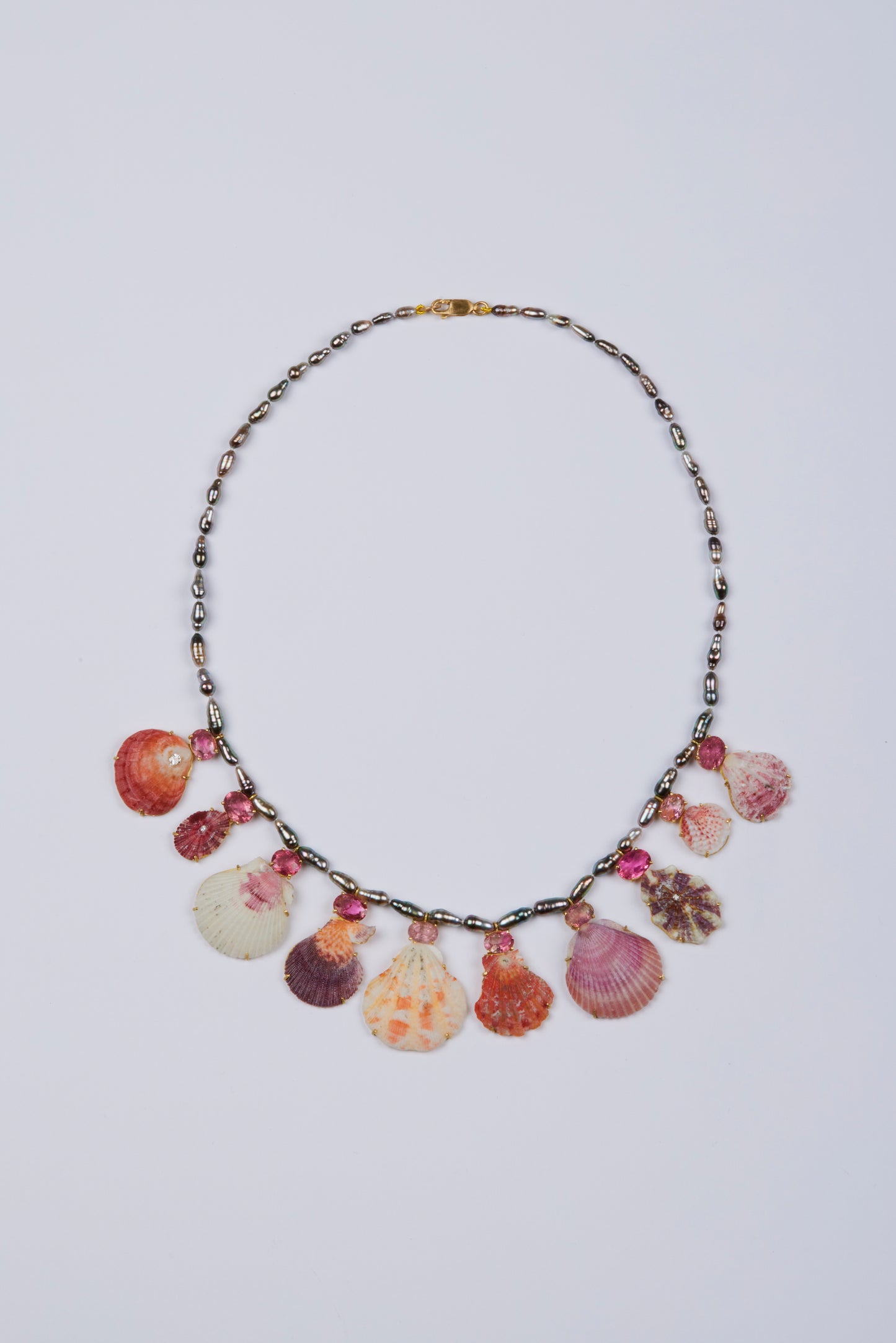 Tahitian Keshi Pearls with Pink Tourmaline, Diamonds and Rare Shells