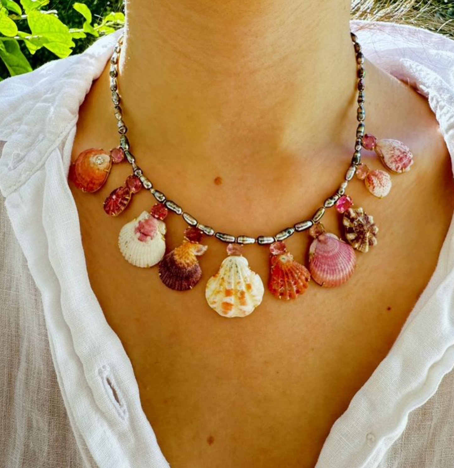 Tahitian Keshi Pearls with Pink Tourmaline, Diamonds and Rare Shells