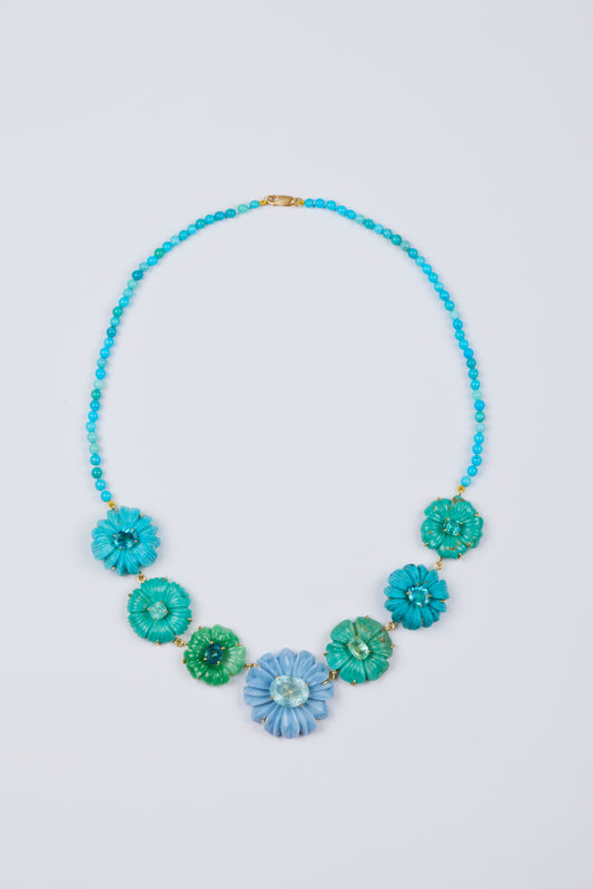 Turquoise, Blue Opal and Variscite Flower Carvings with Apatite, Tourmaline and Aquamarine on Turquoise Beads