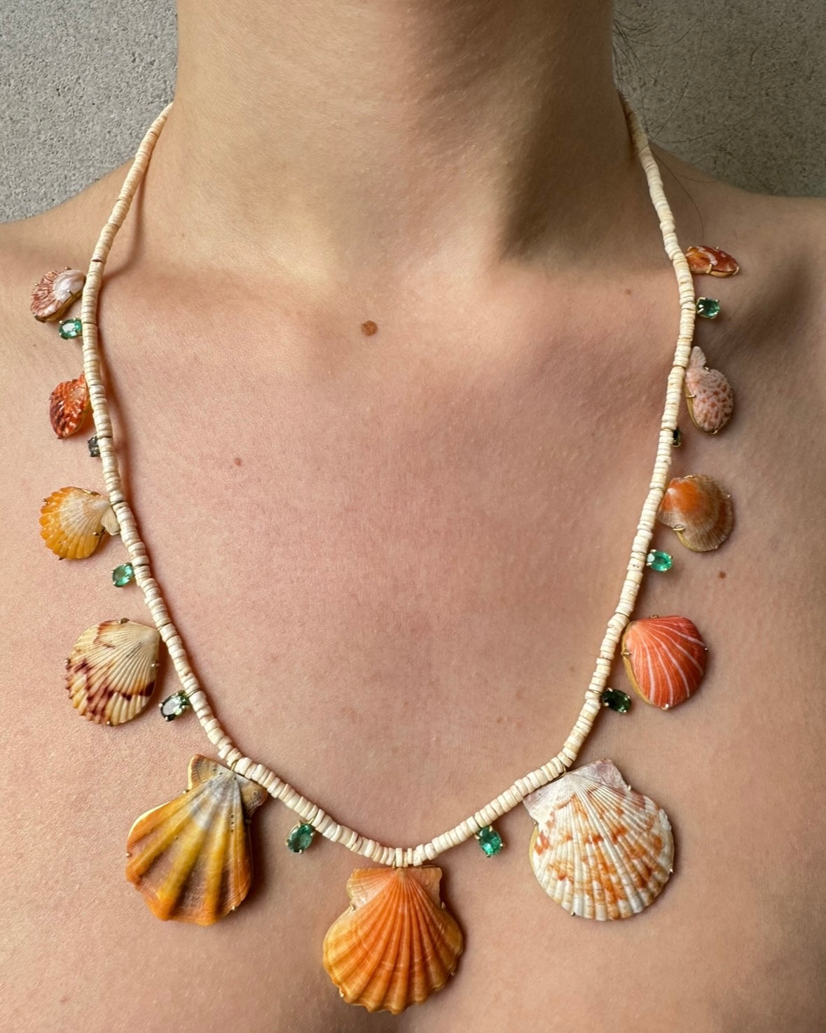 Orange Shells, Emeralds and Tourmalines on Shell Beads