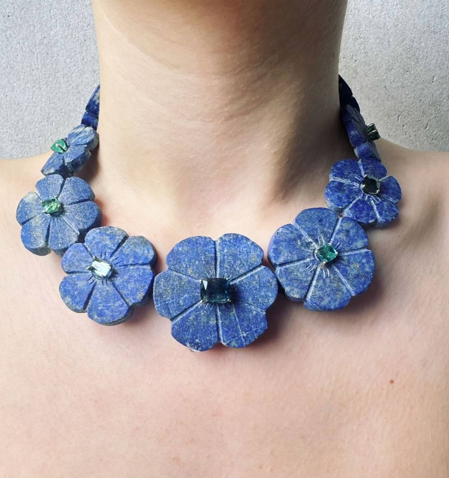 Lapis Flowers with Tourmaline, Aquamarine and Emerald