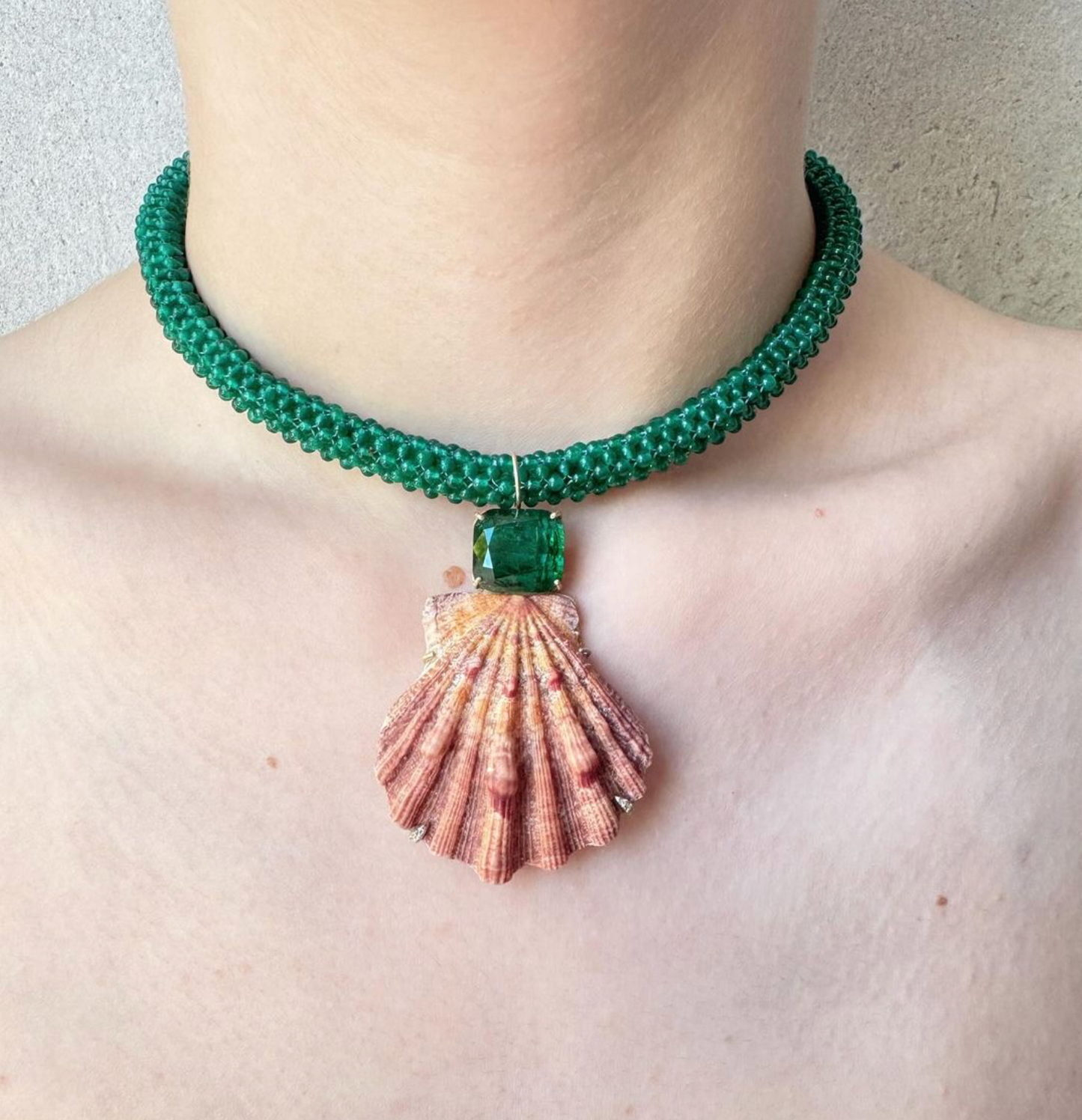 Green Onyx Embroidered Cord with Tourmaline, Shell and Diamond Prongs