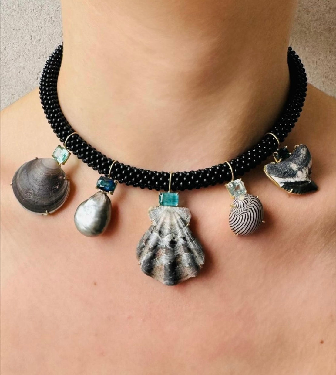 Black Onyx Embroidered Choker with Shells, Tahitian Baroque Pearl, Tiger Shark Tooth, Tourmalines and Aquamarine
