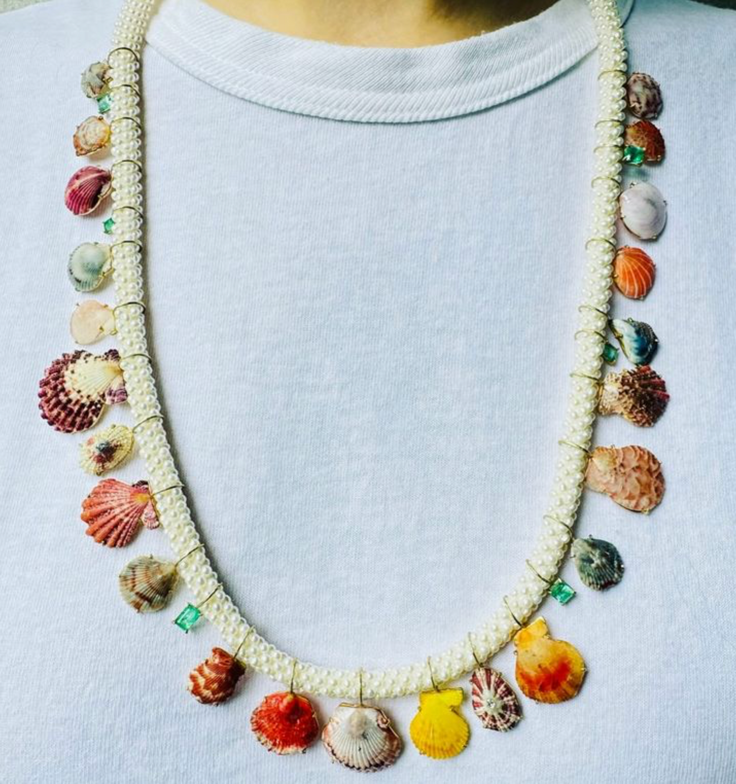 Embroidered Pearl Cord with Rare Shells, Emeralds and Diamonds