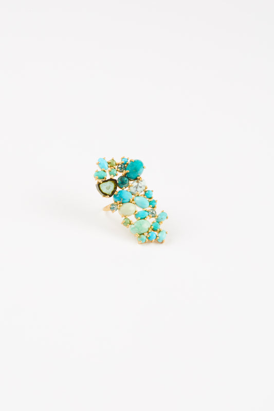 Ring with Turquoise, Variscite, Bi Color Tourmaline, Blue Diamonds