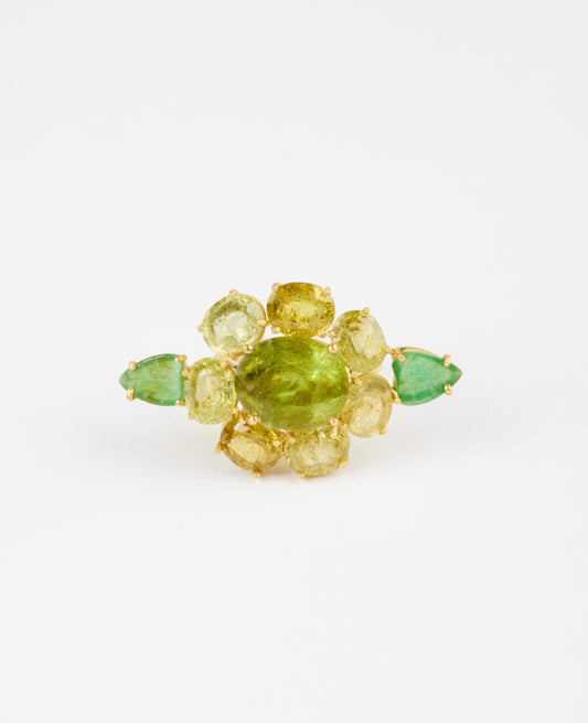 Sphene and Green Tourmaline Ring with Carved Petals