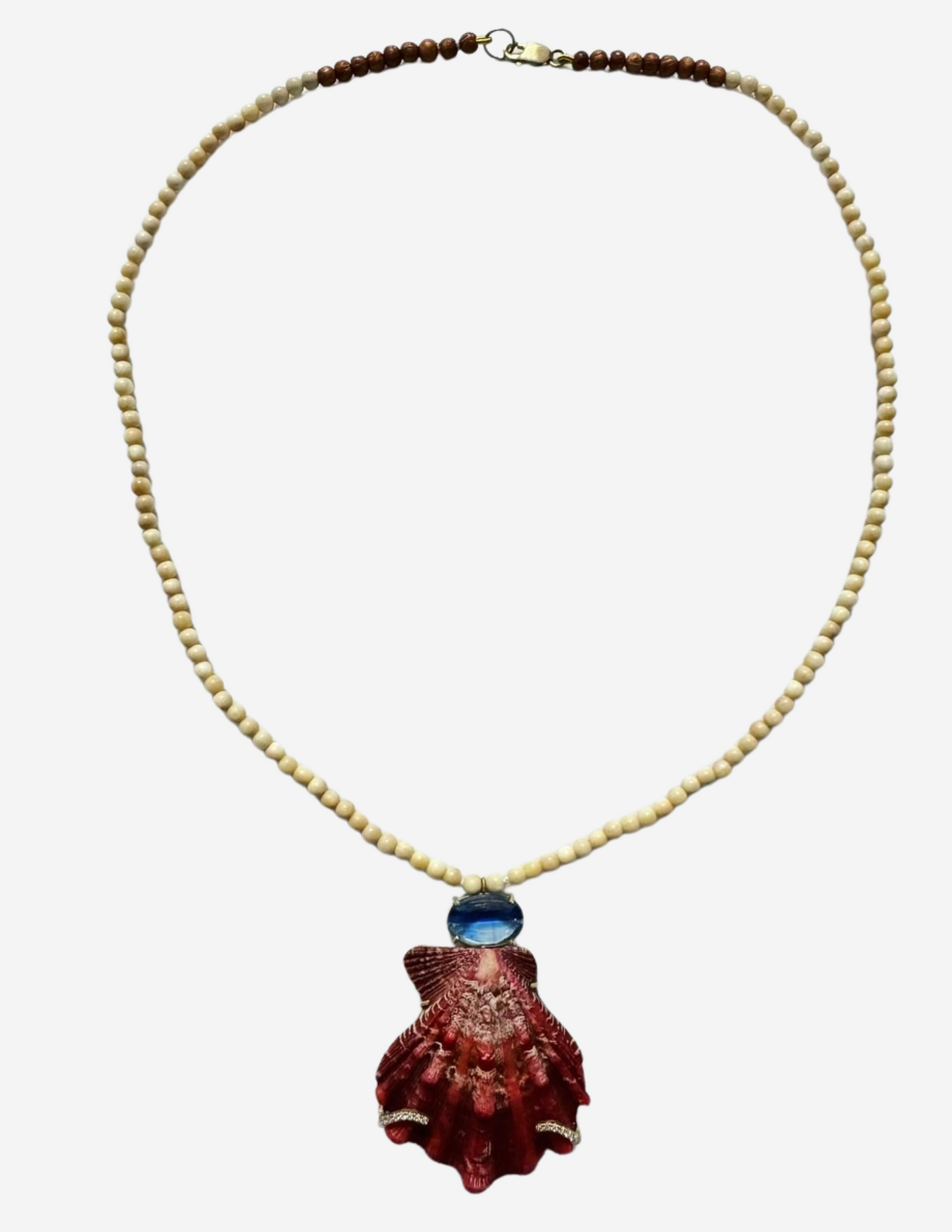 Wooly Mammoth and Wood Beads with Kyanite and Shell with Diamond Prongs