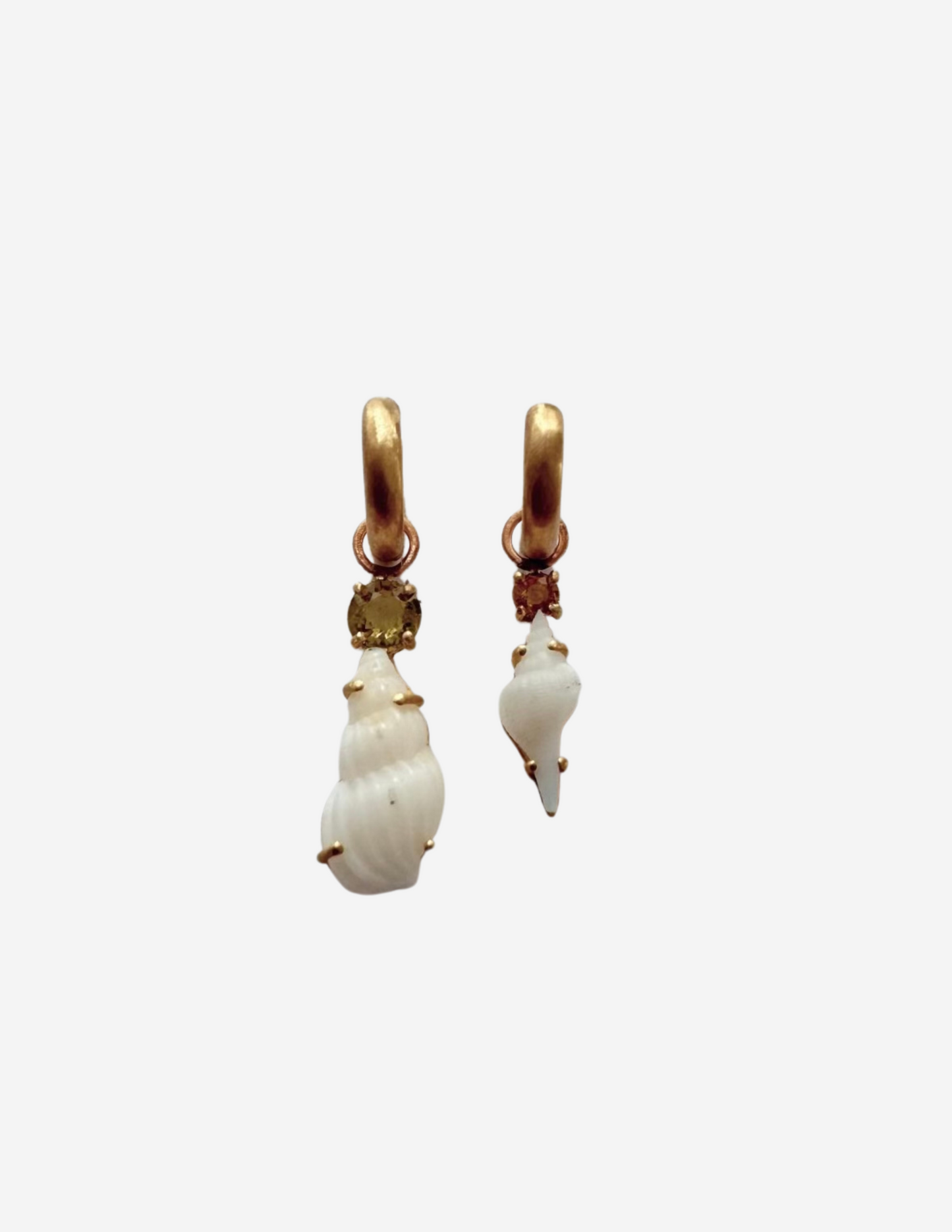 Matte Gold Hoops with Tiny Shells and Sphene