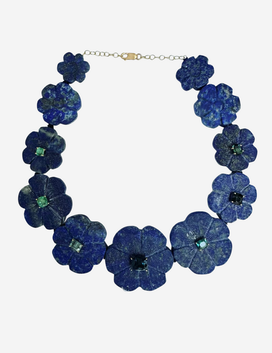 Lapis Flowers with Tourmaline, Aquamarine and Emerald