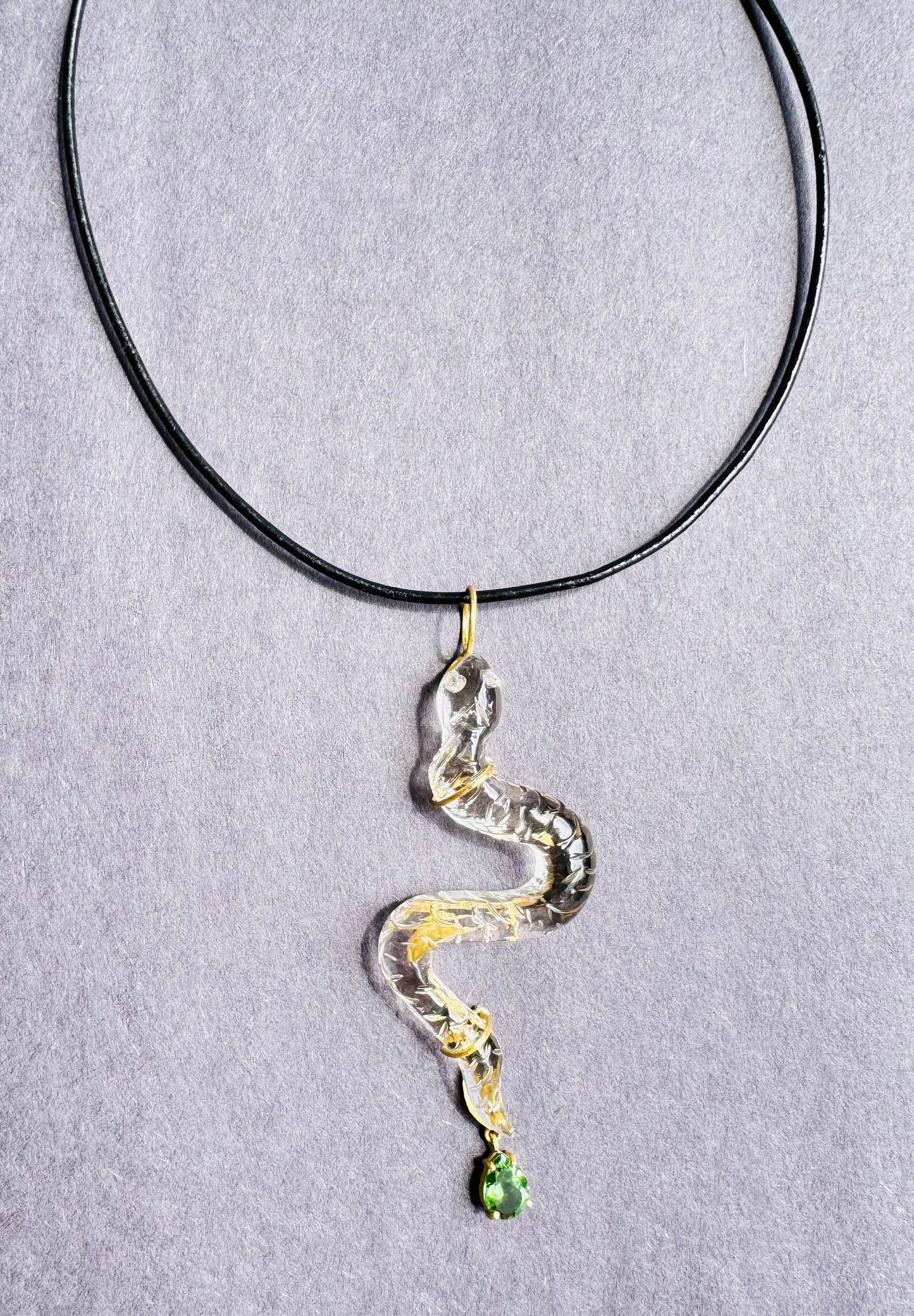 Quartz Snake Pendant with Green Tourmaline and Diamond Eyes