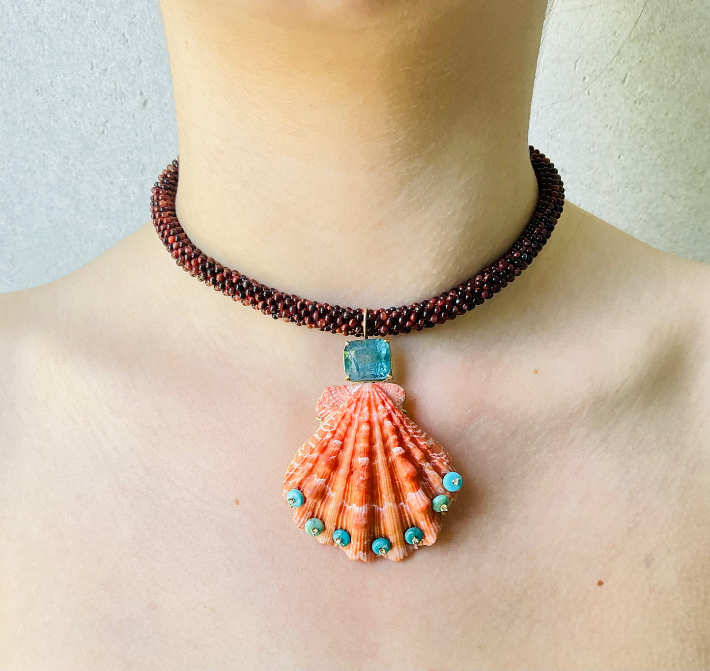Lions Paw Shell with Tourmaline, Diamonds and Turquoise on Jasper embroidered cord