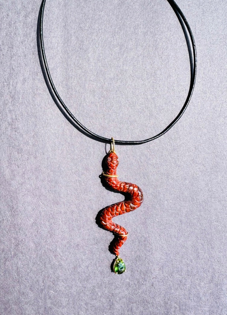 Jasper Snake Pendant with Green Tourmaline and Diamond Eyes.