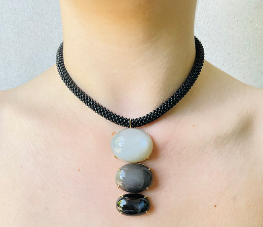 Black Onyx Embroidered Choker with Moonstones