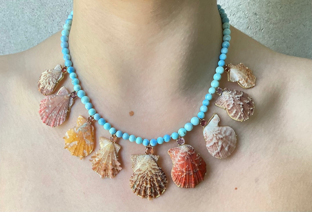 Golden Hills Turquoise with Rare Shells and Spinel.