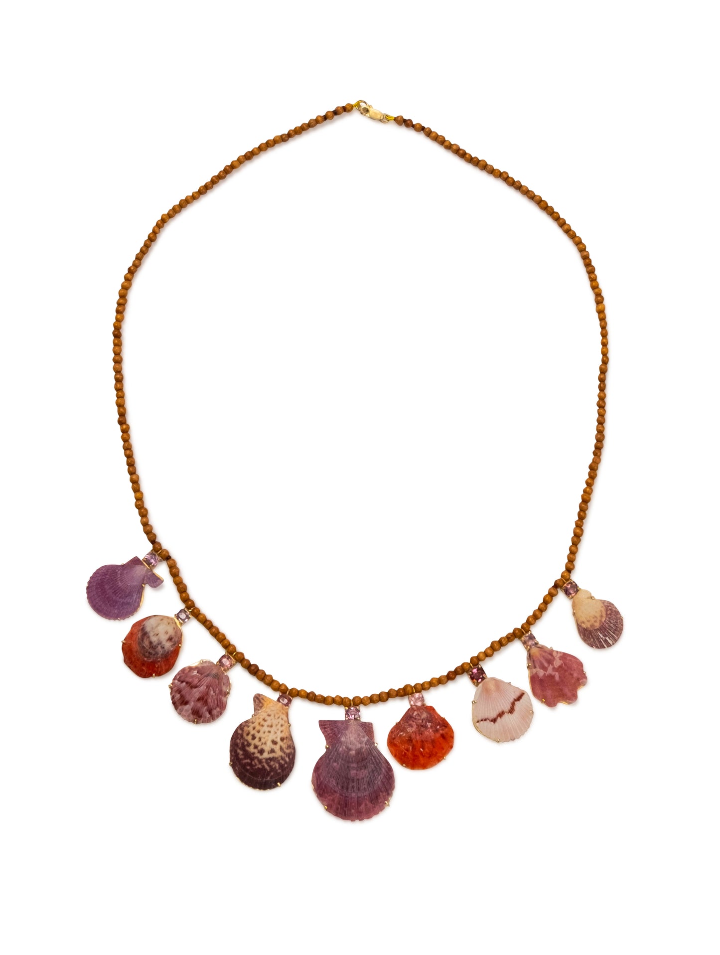 Wood Beads with Spinels and Shells