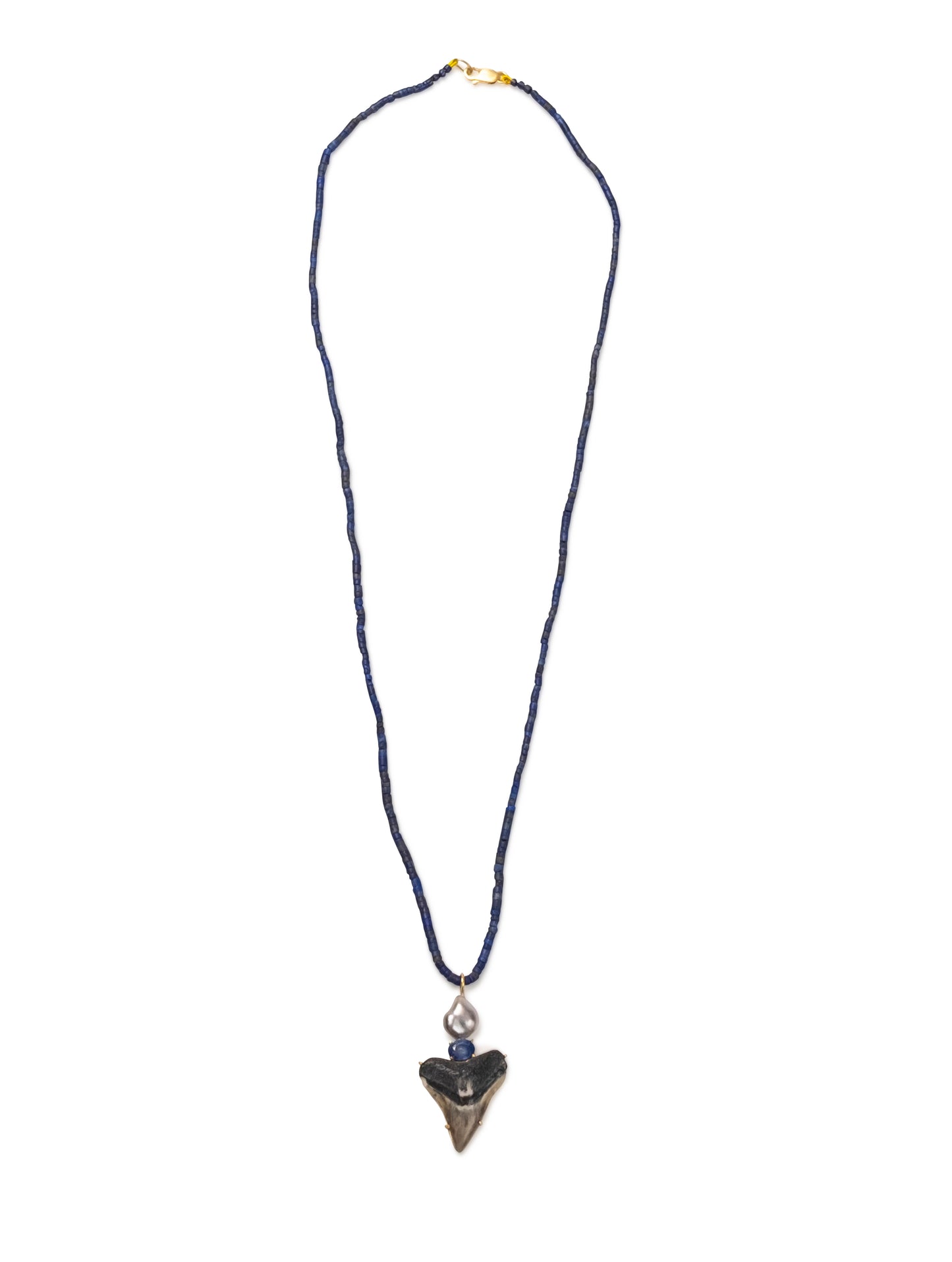 Lapis Beads with Tahitian Keshi Pearl, Sapphire and Shark Tooth