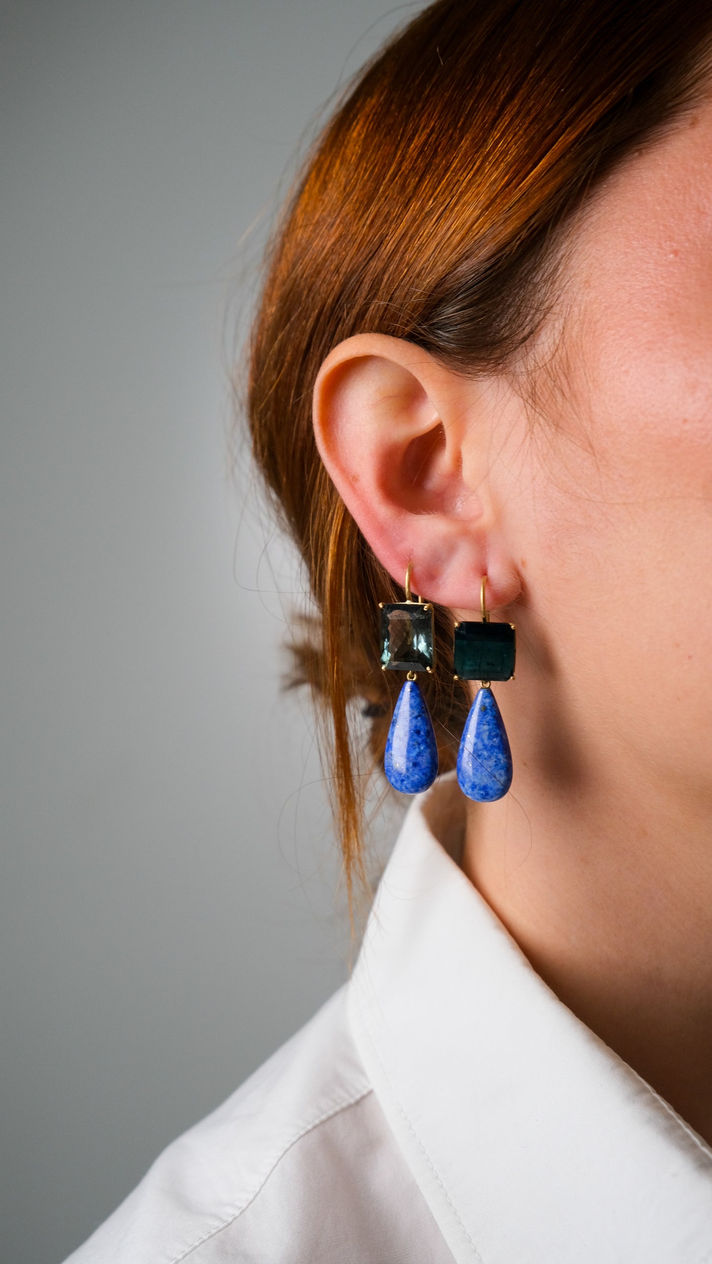 Mismatch Blue Tourmaline with Lapis Drop Earrings