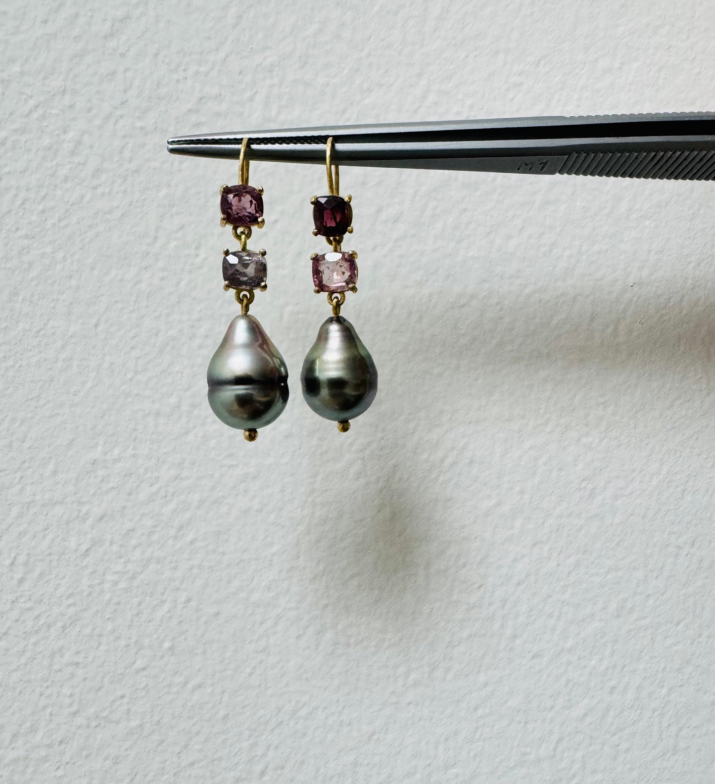 Spinel and Tahitian Keshi Pearl Earrings