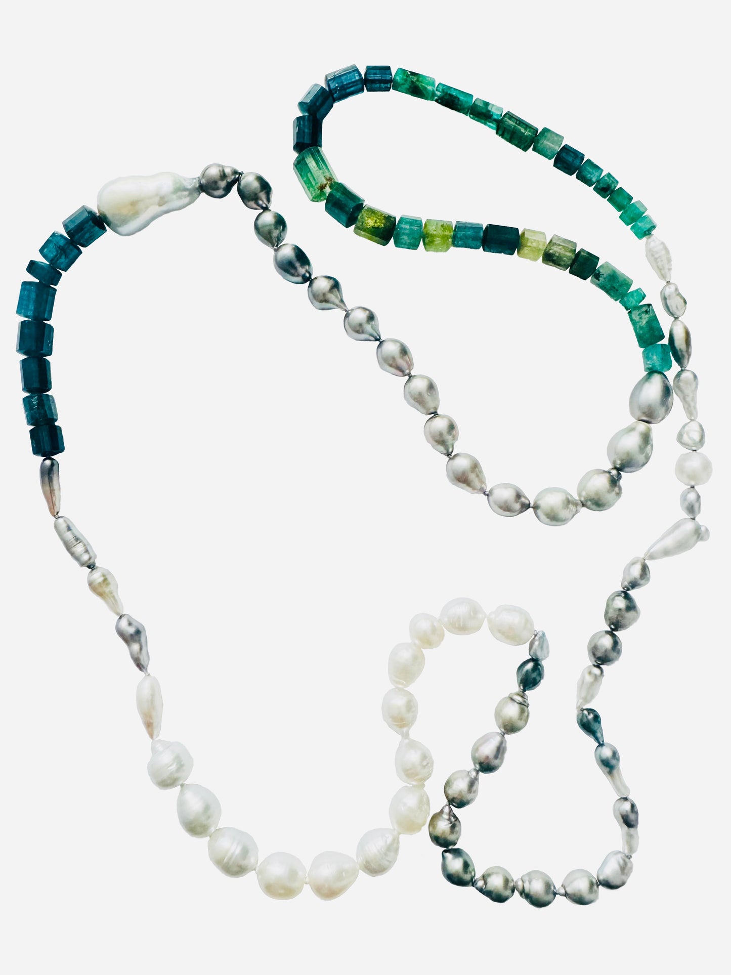 Long Tahitian Keshi Pearls with Green Tourmalines, Emeralds and Indicolite