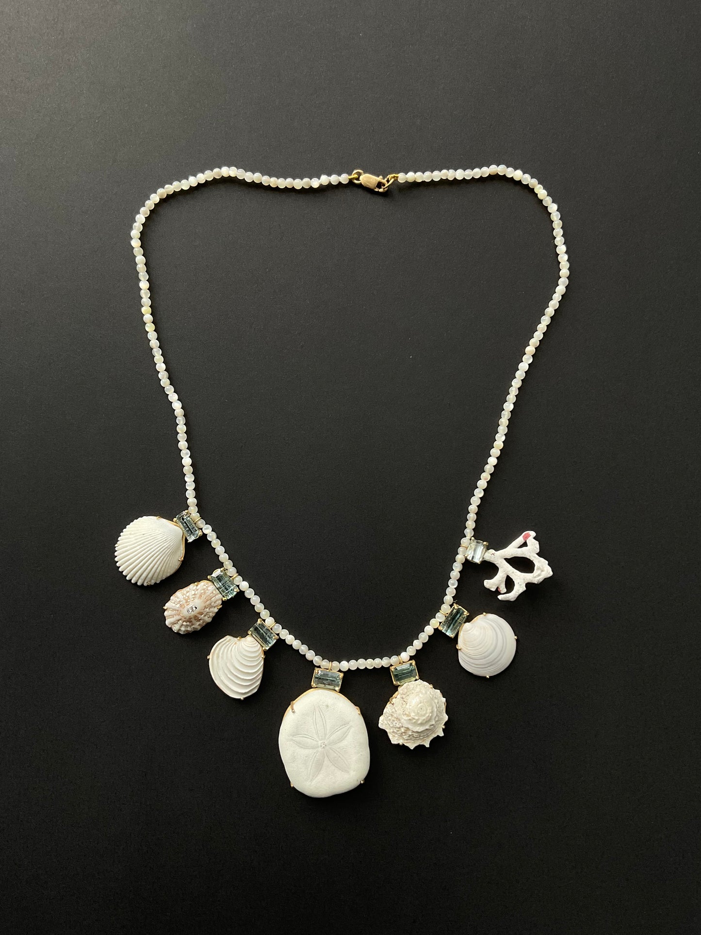 Mother of Pearl Beads with White Shells, Coral, Sand Dollar, Aquamarines and Diamonds
