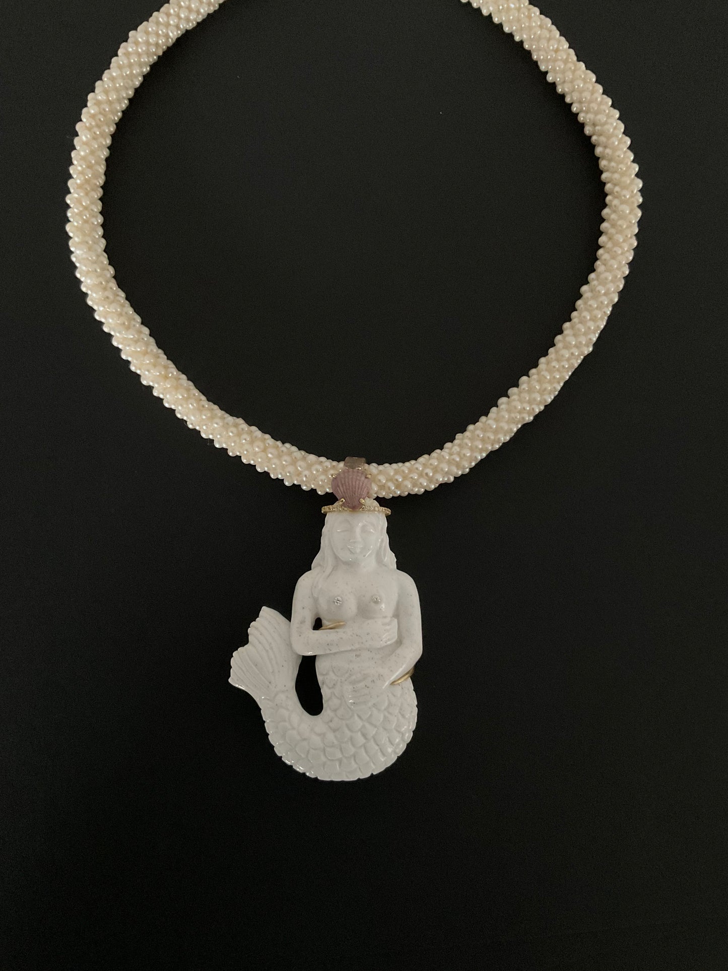 Mermaid Carving in Agate with Diamond and Shell Crown and Diamond Nipples on Pearl Cord