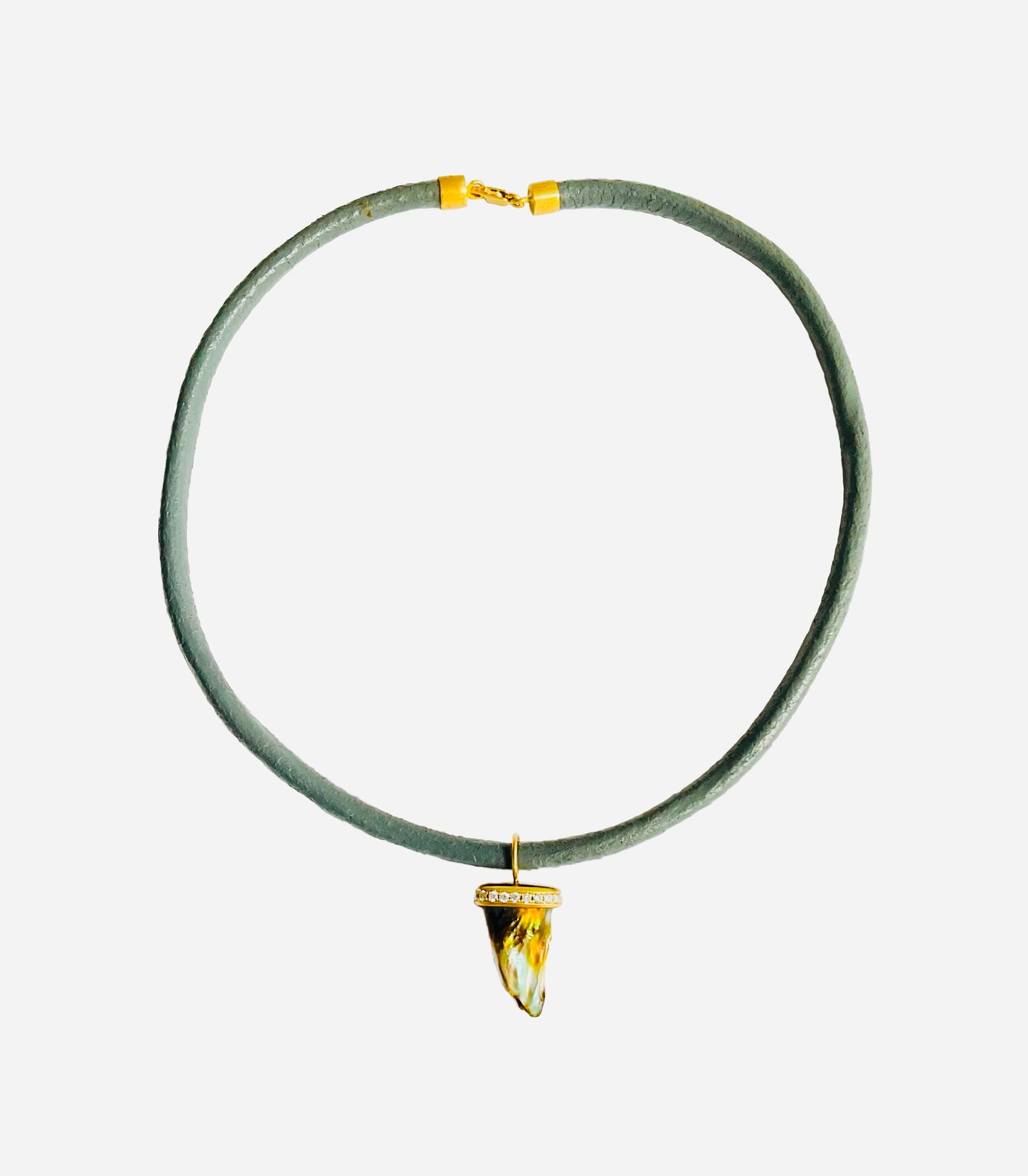 Abalone Pearl with Diamonds on Grey Leather Cord