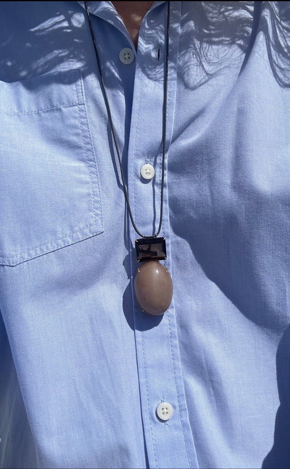 Moonstone and Smokey Quartz Pendant on Grey Leather