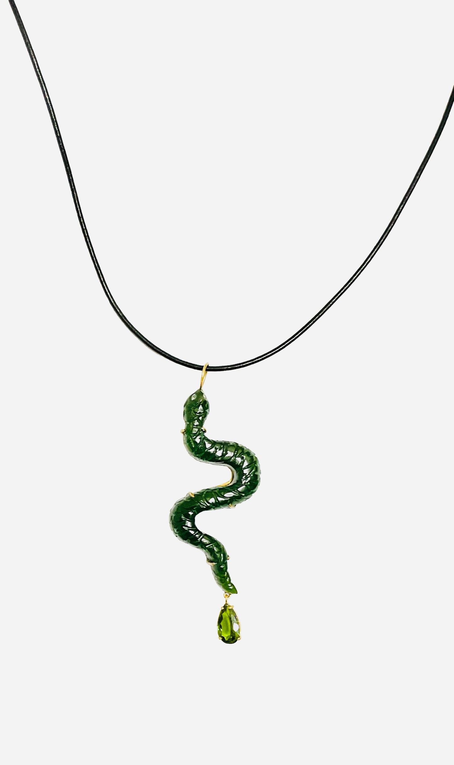 Nephrite Snake Carving Pendant with Diamond Eyes and Tourmaline