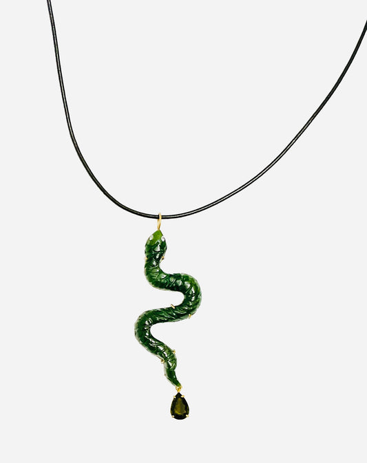 Nephrite Snake Carving Pendant with Diamond Eyes and Tourmaline
