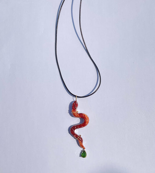 Jasper Snake Pendant Carving with Diamond Eyes and Green Tourmaline